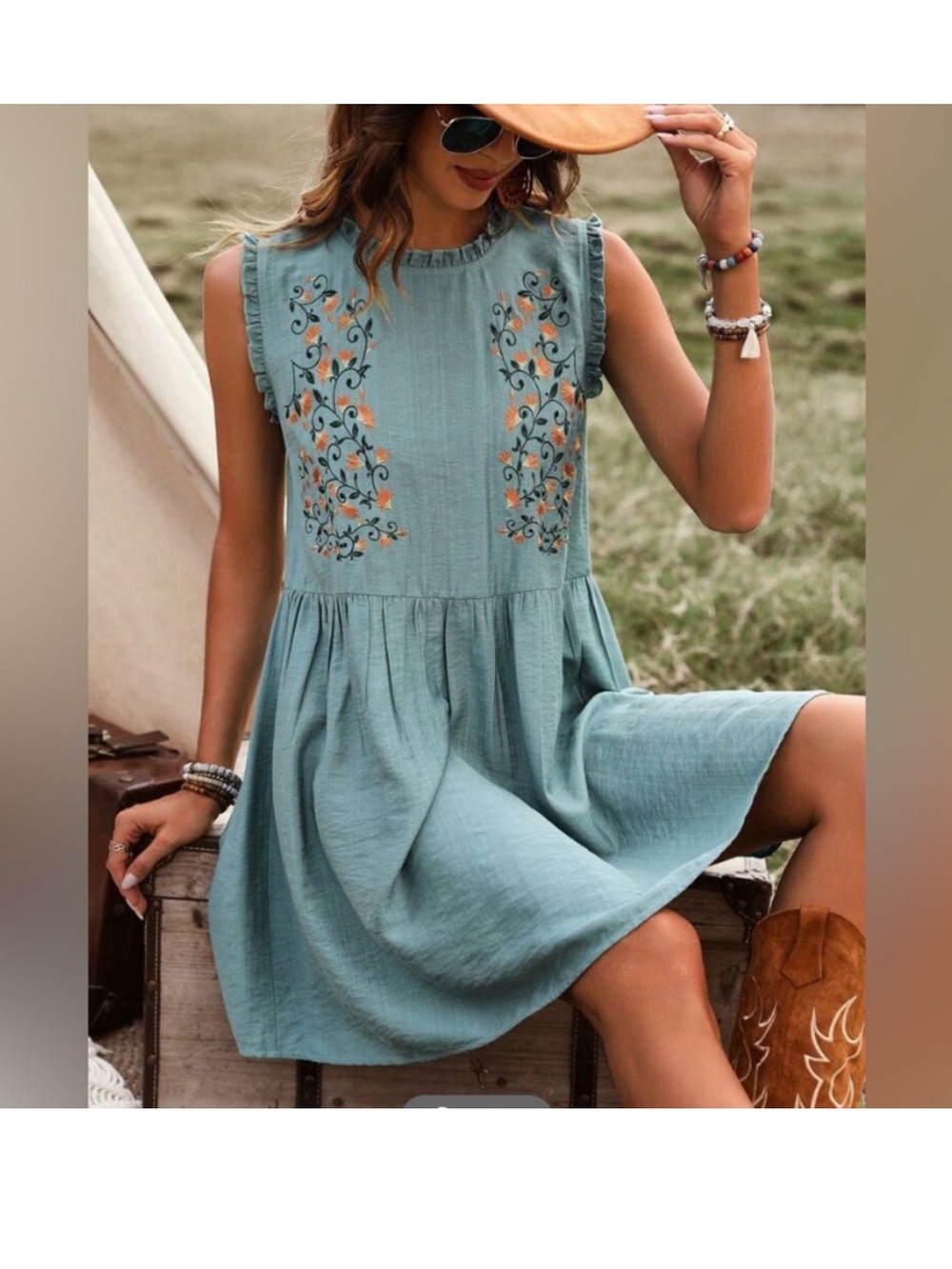 EUC | Embroidered Sleeveless Ruffle-Neck Sundress in Tourquoise